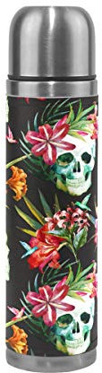 Mnsruu Tête de Mort avec Fleurs Isotherme Bouteille d'eau en Acier Inoxydable à Double paroi Anti-Fuite sous Vide de Voyage Housse en Cuir véritable 481,9 Gram