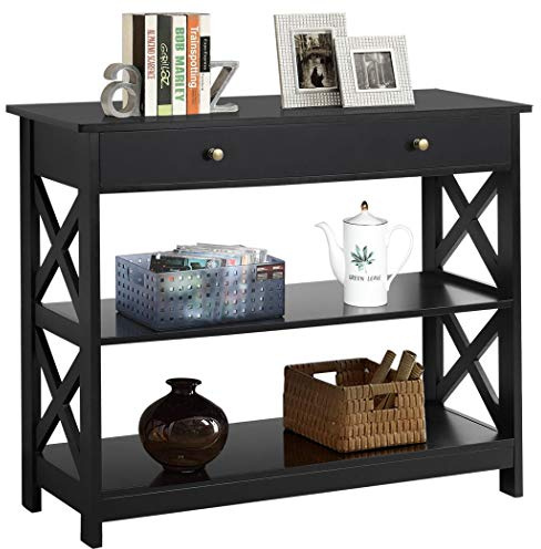 Yaheetech Console Table with Drawer, 39.5 Inch Narrow Sofa Table with Storage Shelves, 3-Tier Wood Entryway Table for Hallway/Living Room/Foyer, Black