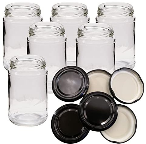 Jam Jars - Pack of 6 x 1lb / 380ml Capacity - with Black Twist Off Lids - (Choice of Lid Colours)