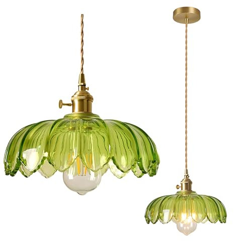 HJXDtech Lámpara Colgante de Cristal Vintage con Portalámparas E27 de Latón e Interruptor, Lámpara de Techo Ajustable en Forma de Loto para Isla de Cocina, Comedor y Sala de Estar (Verde)