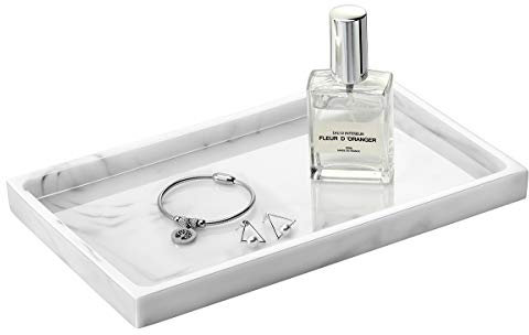 Emibele Jewelry Organizer Resin Tray, Kitchen Bathroom Dresser Vanity Tray Jewelry Dish Ring Holder Cosmetic Organizer for Candle Perfume Soap Shampoo Small Plant Home Decor, Medium - Marble White