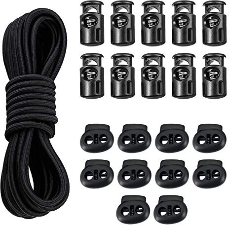 Trimming Shop 4 mm elastisches Bungee-Gummiseil, 10 m Länge, 10 Stück Einzelloch und 10 Stück Doppelloch (schwarz) Knebelstopper, federbelastete Kordelstopper für Bastelprojekte