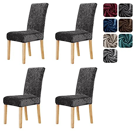 Deconovo Dining Chair Covers, Decorative Velvet Chair Covers, Stretch Slipcovers Elastic Furniture Covers, Dark Grey, Set of 4