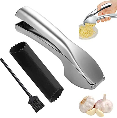 YINENGD Knoblauchpresse mit ergonomischem Griff und Schaeler-Set Knoblauchpresse edelstahl Heavy Duty Knoblauchpresse