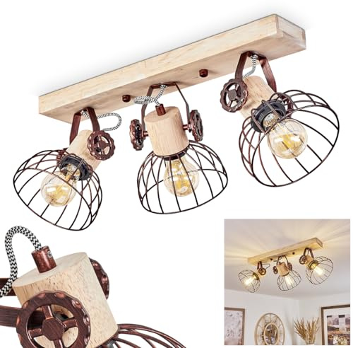 HOFSTEIN Deckenleuchte Orny, verstellabre Deckenlampe aus Metall/Holz in Rost/Natur, Leuchte im Industrial/Retro/Vintage-Design, Lichteffekt durch Gitter-Optik, 3 x E27, Wohnzimmer, Esszimmer, Küche