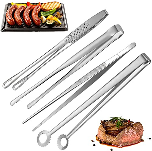 DOERDO 4Pcs Cooking Tweezers, Stainless Steel Kitchen Tongs Professional Long Tweezers for Food Cooking, Repairing, Sea food and BBQ, 12''