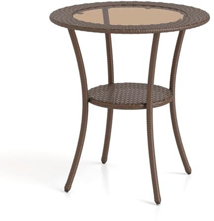 GIANTEX Tavolino da Giardino Rotondo in Rattan e Vetro a 2 Ripiani