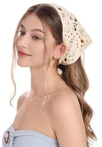 ZLYC Women Handmade Crochet Cotton Triangle Head Scarf,Plain Beige