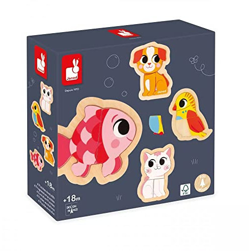 Janod - 4 Holzpuzzle mit 2 bis 5 Teilen - Puzzle zum Thema Haustiere - Kinderspielzeug - Pädagogische Spiele - Baby- und Kleinkindspielzeug Ab 18 Monaten, J07115