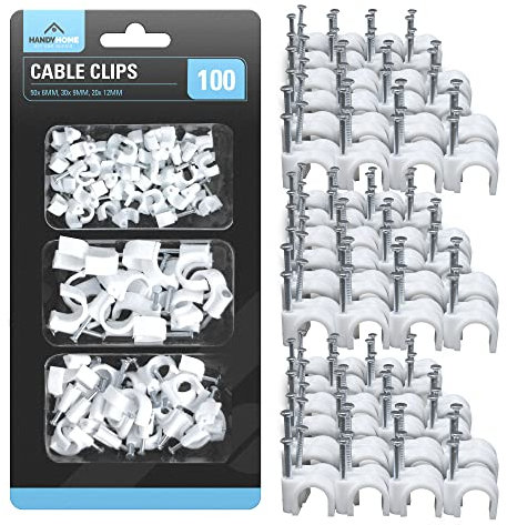 SOL 100pk White Cable Clips – Durable Wall Clips for Wire Management – Strong Pins for Securing Cables, Wires & Electrical Leads – Tidy Organiser for Home, Office & Workspace