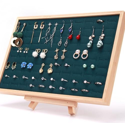 Cyrank Vitrine Organisateur de Bijoux, 100 Grille Anneau Insert Plateaux d'affichage Porte-Anneau en Bois Stand Tiroir Organisateur de Bijoux pour Femmes Filles(vert)