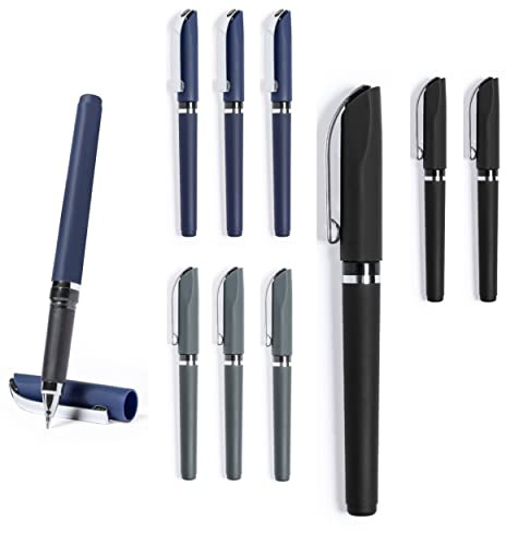 noTrash2003 9er Set Tintenroller Rollerpen Ballpen mit blauschreibender Jumbo Mine nachfüllbar 3 x blau, grau, schwarz gummiertes ABS Gehäuse für Büro Gewerbe Praxis