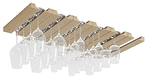 Rustic State Vigo 6 Sectional Adjustable Under Cabinet Stemware Rack - Hanging Wood Shelf Glassware Holder Bar Organizer with up to 18 Wine Glass Storage 12 Inch Deep - Natural