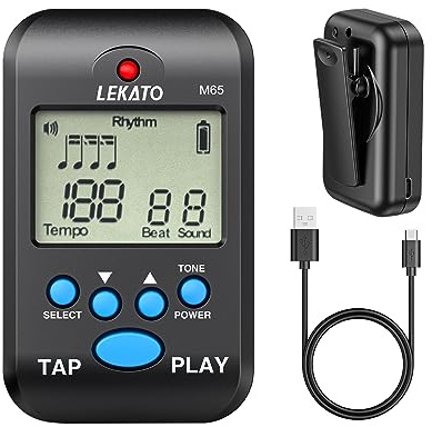 LEKATO Digital Metronome, Rechargeable LCD Electronic Mini Metronome, Human Voice, Clip on,10 Beat Sounds, Volume Adjustable, Portable M65 Metronome for Piano, Guitar, Flute, Violin, Drum (black)