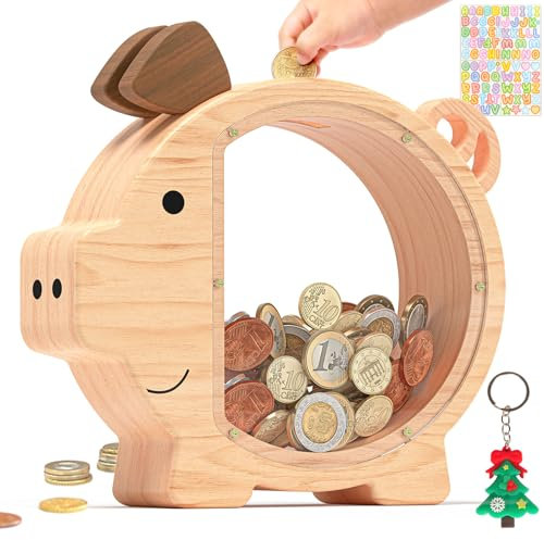Summidate Sparschwein Kinder Holz, Personalisiert große Spardose für Kinder Junge Mädchen, Unzerbrechliche Rechnungen, Münzwechsel, Geldspardose, Geschenk&Dekoration