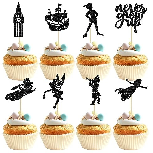 Gyufise Confezione da 24 decorazioni per cupcake a forma di stella glitterata che non crescono nell'Isola che non c'è, per cupcake, storie notturne, fiabe, elfi, ragazze, decorazioni per torte per