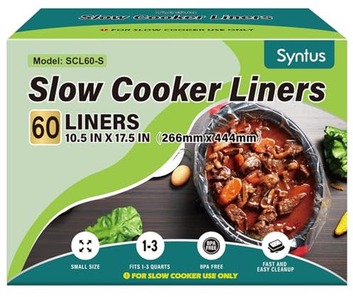 Syntus Slow Cooker Liners, 60 Count Cooking Bags Small Size Disposable Pot Liners Plastic Bags, Fit 1QT to 3QT for Slow Cooker Cooking Trays, 10.5x 17.5 1 Pack, SCL60-S