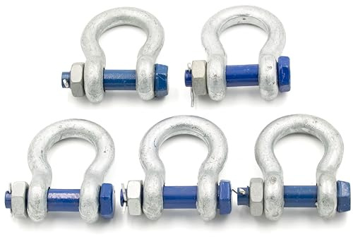 Schäkel 1,5t Tragfähigkeit 5 Stück mit Augbolzen mit Mutter und Splint - Schäkel Geschweift Form BX - Schäkel Hochfest - Stahl Feuerverzinkt Rundschäkel