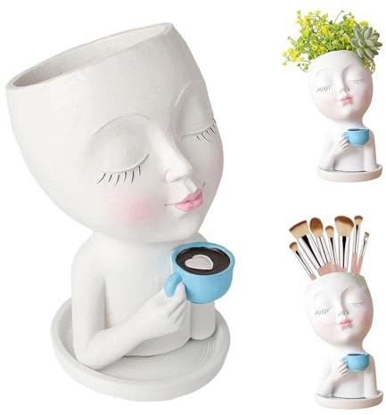 JTBDWOSK Gesicht Blumentopf, Mädchen Gesicht Pflanztopf, niedliche Sukkulentenvase mit Drainageloch, Bauernhaus Harz Blumentopf Dekorative Vase für Home Office Garten Dekor,Weiß