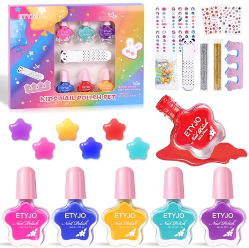 ETYJO Nagellack Kinder - Abziehbarer Wasserbasiert Kinder Nagellack Mädchen Ungiftig, 6 Farben Schnelltrocknend Kindernagellack Ungiftig Nagelset Mädchen Glitzer Geschenk Kit