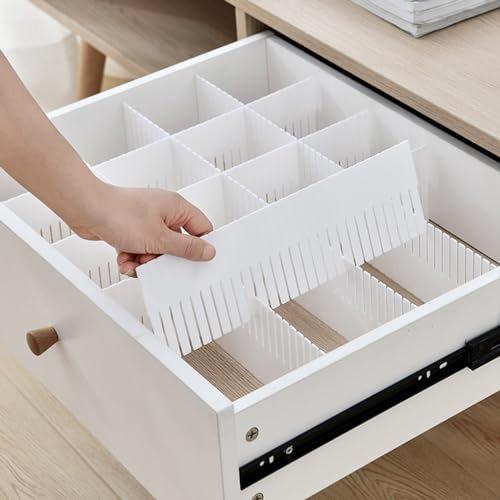Uixxducc 10 Stück Schubladenteiler, Schubladeneinteiler, Schubladentrenner Verstellbare Schubladen Organizer, Kunststoff Trennwände für Besteck, Küche, Schlafzimmer, Kommode (10 Stück-38x11cm,Weiß)