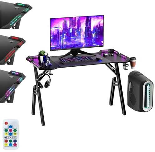 YRHome 120 x 60 cm A-Beine Gaming Schreibtisch Ergonomischer Bureau Gaming mit Einstellbare RGB LED, Getränkehalter, Kopfhörerhaken & Verstellbare Fußstützen Table Gaming PC-Tisch Schwarz