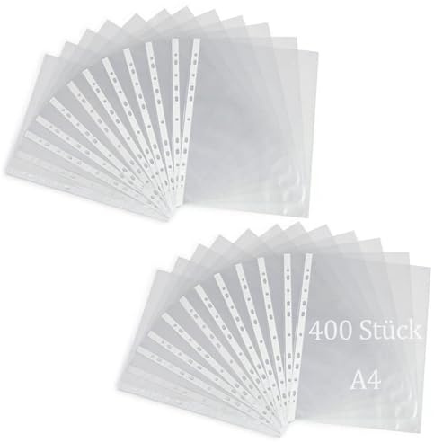 MUNGHOK 400 Stück Prospekthüllen A4 Glasklar, Glassichtshüllen Din A4, Klarsichthüllen Glasklar, Transparente Perforation Prospekthüllen, Sichthüllen A4 mit Lochung für A4 Ordner Dokument