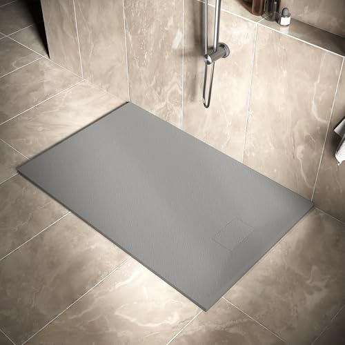 SIRHONA - Plato de ducha, 140 x 90 cm, antideslizante, rectángulo gris, material de resina SMC, con sifón