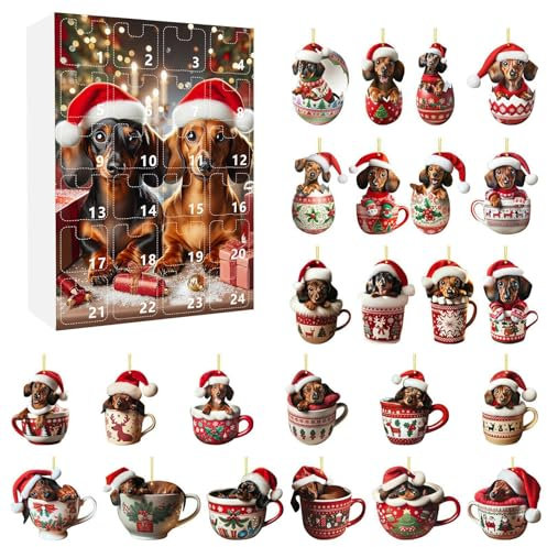 Dackel Adventskalender 2024, Hunde Adventskalender 2024, Hundedekoration, Weihnachts Countdown Kalender, 24 Stück Acryl Sammelfiguren für Dackel Haustiere für Familie, Freunde