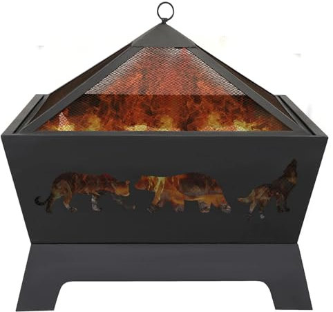 Foyer de jardin, foyer extérieur carré en acier de 26 pouces, barbecue à bois, cour avec housse de pluie et tisonnier, barbecue en métal noir, chauffage de terrasse pour feu de joie de camping