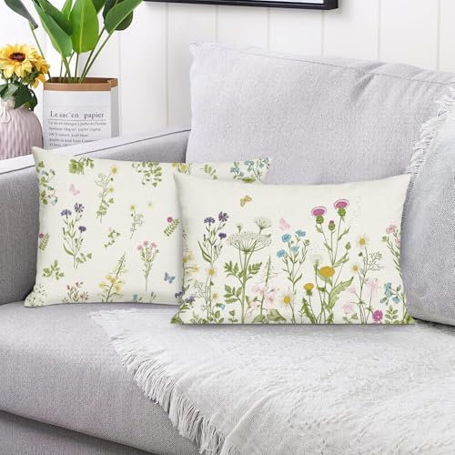 Bonhause Garden Floral Cushion Covers 30 x 50 cm Flowers Leaves Decorative Throw Pillow Covers for Sofa Couch Bed Home Garden Outdoor Decor Set of 2