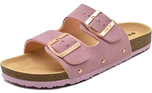 ONCAI Sandalen Damen Kork-Fußbett Pantoletten Damen Flach Rutschfest Sommer Badelatschen Mit Verstellbarer Rieme Rosa Größe 40