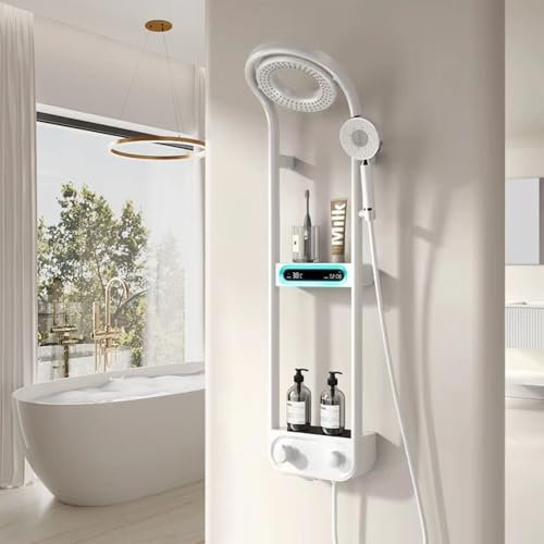 Thermostatic Shower Head System, Shower Faucet 2 Ways of Water Discharge, Shower Head with Handheld LED Digital Display, Waterfall Showerhead Shower Set,White,Cold and Hot