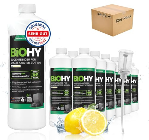 BiOHY Limpiador de Suelos para Robot de Limpieza con Aroma Fresco (12 x 1 Litro) + Dosificador, Concentrado de Limpieza para Todos los Robots con Función Húmeda, sin Espuma ni Rayas