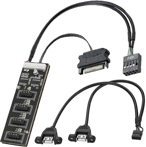 Xiatiaosann 9Pin Internal USB Hub with SATA Power Cable, 4 Internal USB2.0 Ports 1 to 4 USB Header Splitter for CPU, Cooling Fan, RGB Light, Motherboard, with 9Pin to Dual USB-A Cable
