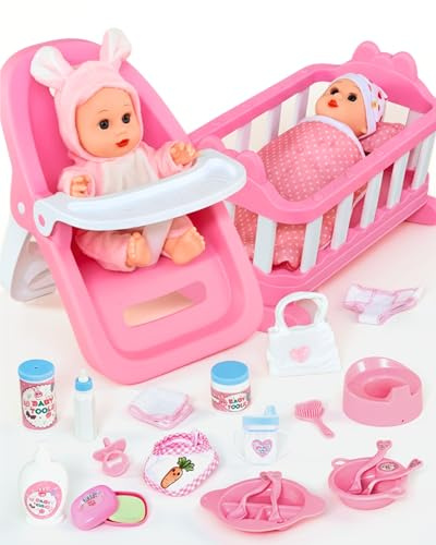 PLAYFULBAY Baby Doll Set with Accessories, 29-Piece Baby Doll Crib & High Chair Playset, 2 Outfits , Nappy & Feeding Gear, Gift for Girls & Boys Age 2+