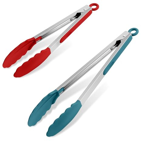 Herogo 35 cm & 27cm Edelstahl Küchenzange Set 2 Stück mit Antihaft - Bunt | Silikon Kochzange Spitze, Küchenzangen mit Verriegelungsclip, Leicht zu Greifen und Leicht zu Reinigen, Spülmaschinenfest