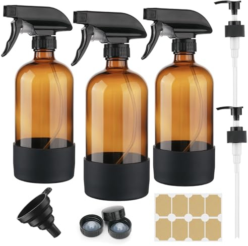FreeBiz 3 Pack 500ml Amber Glass Spray Bottles Refillable Empty Mist Spray Bottle for Hair Care Plants Gardening Cleaning Essential Oils Spray Bottle with Adjustable Nozzles for Kitchen Home