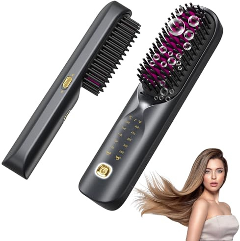 Bopcal Mini Glättbürste - 10000mAh Ionen Haarglätter Bürste Kabellos, Professioneller Verbrühungsschutz Glätteisen, Haarziehen, Schnellaufheizung, Reise Glättungsbürste mit 6 Temperaturen, Schwarz