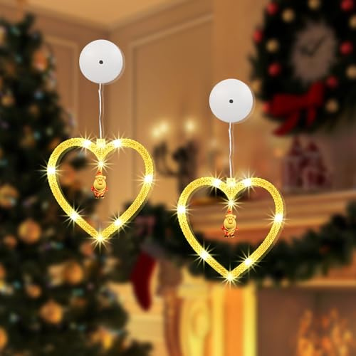 Drezesov LED Sterne Weihnachtsbeleuchtung, 2 Stück 10 LED Weihnachtsdeko Fenster Innen mit Saugnäpfe,Warmweiß Lichterkette Sterne für Weihnachten Deko, Balkon, Party, Hochzeit(Herzförmig)