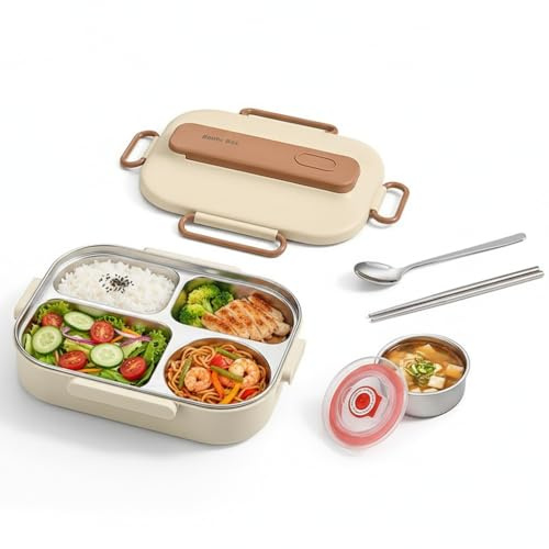 Brotdose Erwachsene 1500ml + Suppenschalen 250ml, Bento Lunchbox Auslaufsicher mit 4 Fächern, Brotbox Vesperdose Kinder mit Besteck,Snackbox Frühstücksbox Jausenbox Butterbrotdose aus Edelstahl (B)