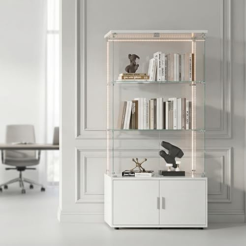 FOERPL Vardagsrumsskåp med LED-vitrin 164 x 78,5 x 35 cm (64 x 27,5 x 14 tum), samlarvitrin med 2 dörrar och 3 lager, glasskåp med lås för bar, kontor