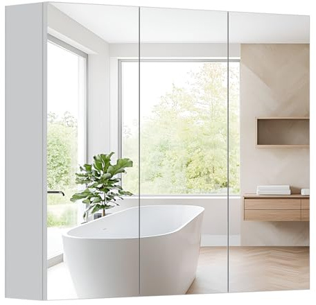HollyHOME Spegelskåp för badrum, 3 spegeldörrar, väggskåp med justerbar hylla, 700 mm x 600 mm, medicinskåp för upphängning över toaletten, vitt