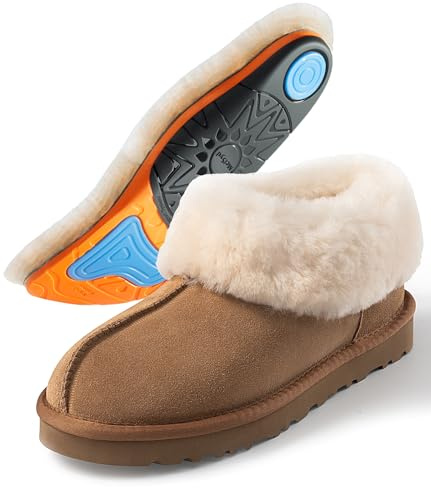 Sheepskin Slippers Womens with Arch Support: 100% Australian Shearling Lining & GEL Plantar Fasciitis Insoles - Thermal Winter Moccasin Boots for Men,Moms Nurses Indoor Outdoor - Chestnut Size 5