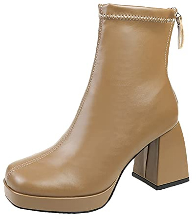 TDEOK Halvstövlar dam läder brun, fritidsstövlar med dragkedja casual ankelstövlar vinterstövlar medium retro fashionabla damstövlar halvhöga slip-stövlar klackar ankelstövlar, kaki, 40 EU