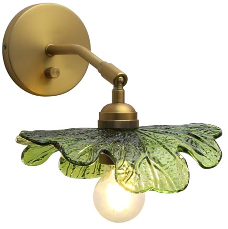 Yosoan 1-Light Brass Glass Vanity Wall Sconce with Green Flower Shade, Vintage Industrial Boho Indoor Antique Gold Wall Mounted for Bathroom Bedroom Living Room Kitchen Stairwell
