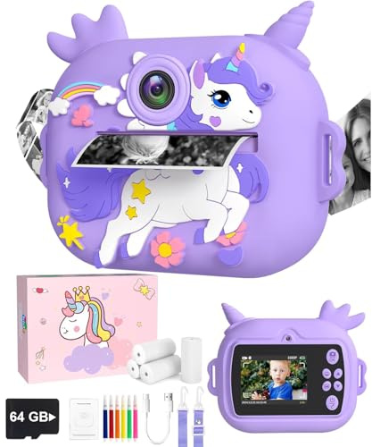 Appareil Photo Instantané Enfant 1080P avec Carte SD 64 Go, Caméra Kids à Impression Thermique, Écran 2,4, Filtres, Jeux & Musique, Cadeau Fille Garçon 3-12 Ans (Violet)