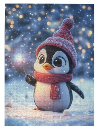 RMYRHQ Charming Snowy Penguin with Sparkler Wood Jigsaw Puzzles Adult 500 Pieces Cozy Hat&Soft Details Engaging Brain Teaser for Relaxation Great for Unwinding On Weekends Gift to Family&Friends