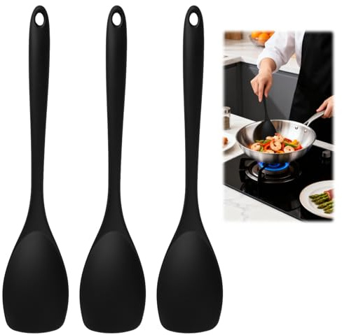 3 Piezas Cucharas de Silicona para Cocinar Remover con Mango de 27,5 Cm de Largo, Plástico Negro Antiadherente, Resistente Al Calor 210 °C para Utensilios Antiadherentes, Olla de Cerámica Esmaltada