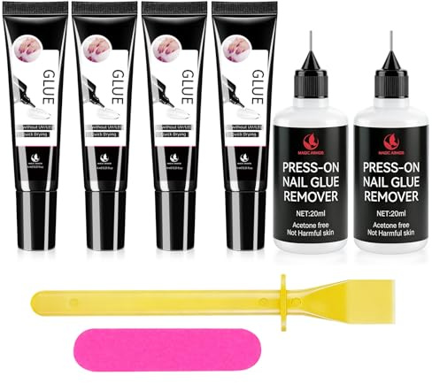 MAGIC ARMOR 4 x 6 g nagellim och 2 x 20 ml nagellimborttagare, ingen uv-lampa behövs, nagellim, acetonfri press-on nagelborttagare